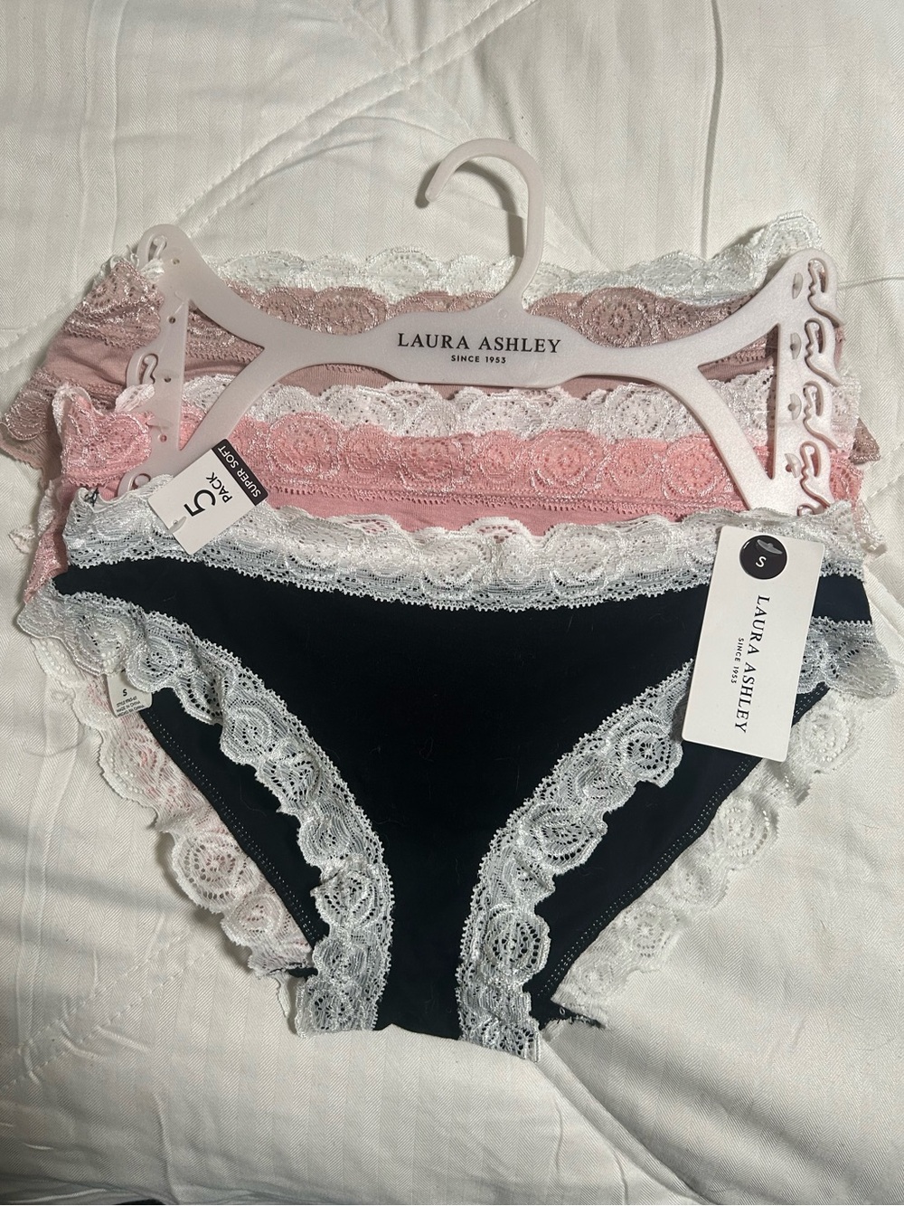 Laura Ashley Lace-Trim Bikini Panty 3-Pack — Black, Light Pink & Dusty Rose